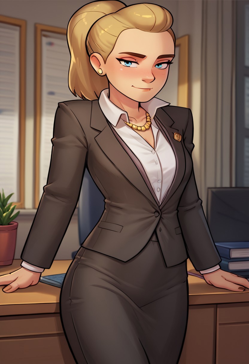 score_9, Score_8, relatedguy, solo, 1girl, CHAdora, business_suit, brightmoonbedroom
