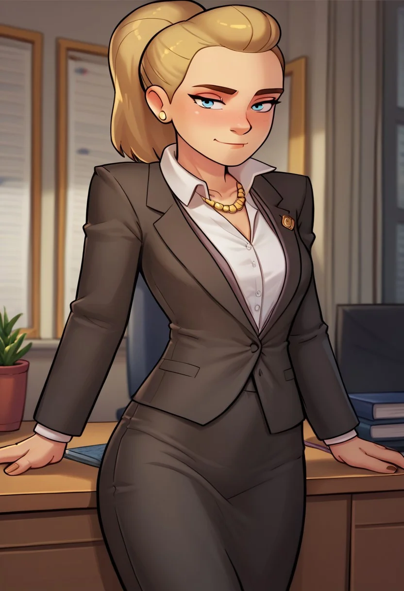score_9, Score_8, relatedguy, solo, 1girl, CHAdora, business_suit, brightmoonbedroom