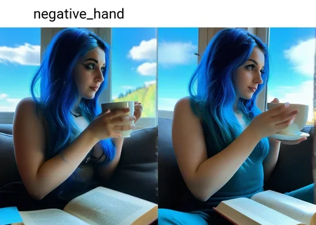 a gorgeous woman with blue hair and black eyes is sitting leisurely on a couch indoor. She is drinking tea from a delicate cup while reading a book. through her window shine a bright blue sky