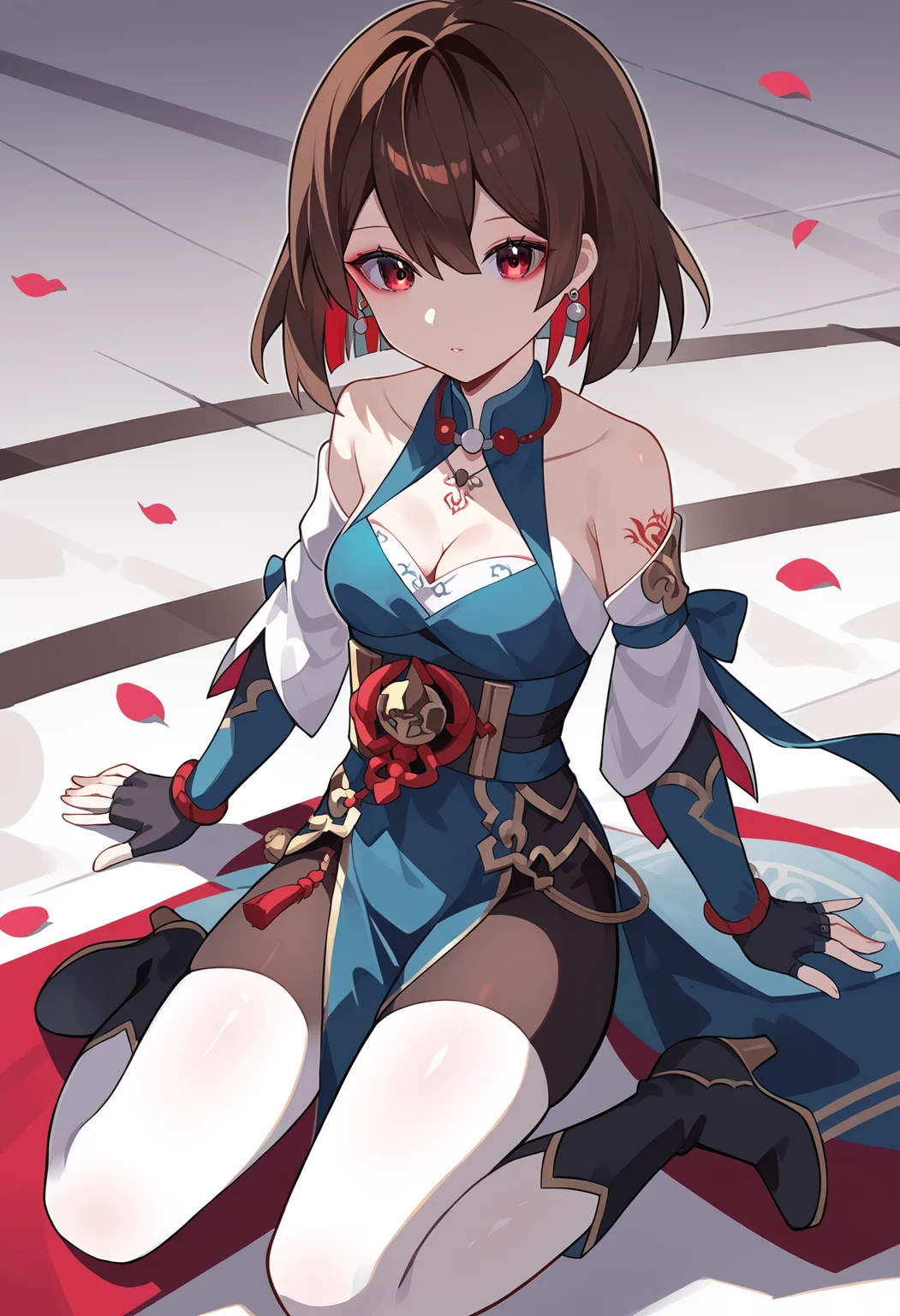score_9, score_7_up,source_anime,anatomically correct,best perspective BREAK
1girl, <lora:hirostyle:1> hirostyle <lora:Xueyi:0.7> XueyiBren, bob cut, 1girl, brown hair, short hair, red eyes, hair between eyes, colored inner hair, petite, small breasts, inexpressive, tall female////gloves, bare shoulders, jewelry, black gloves, dress, cleavage, necklace, long sleeves, black footwear, chinese clothes, blue gloves, boots, high heels, tattoo, pelvic curtain, gauntlets, fingerless gloves, earrings, black shorts, white pantyhose