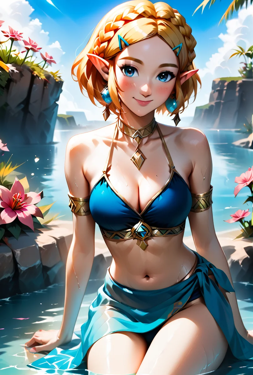 <lora:zelda_v2_pony:0.8>,
masterpiece,absurd resolution,8k,
score_9, score_8_up, score_7_up, score_6_up, score_5_up, score_4_up, ,source_anime BREAK
zeldaPony, 1girl, solo, breasts, looking at viewer, blush, smile, short hair, bangs, blue eyes, blonde hair, hair ornament, cleavage, bare shoulders, jewelry, medium breasts, sitting, closed mouth, collarbone, swimsuit, braid, flower, bikini, thighs, earrings, pointy ears, hairclip, hair flower, water, wet, parted bangs, pink flower, armlet, partially submerged, crown braid, sarong