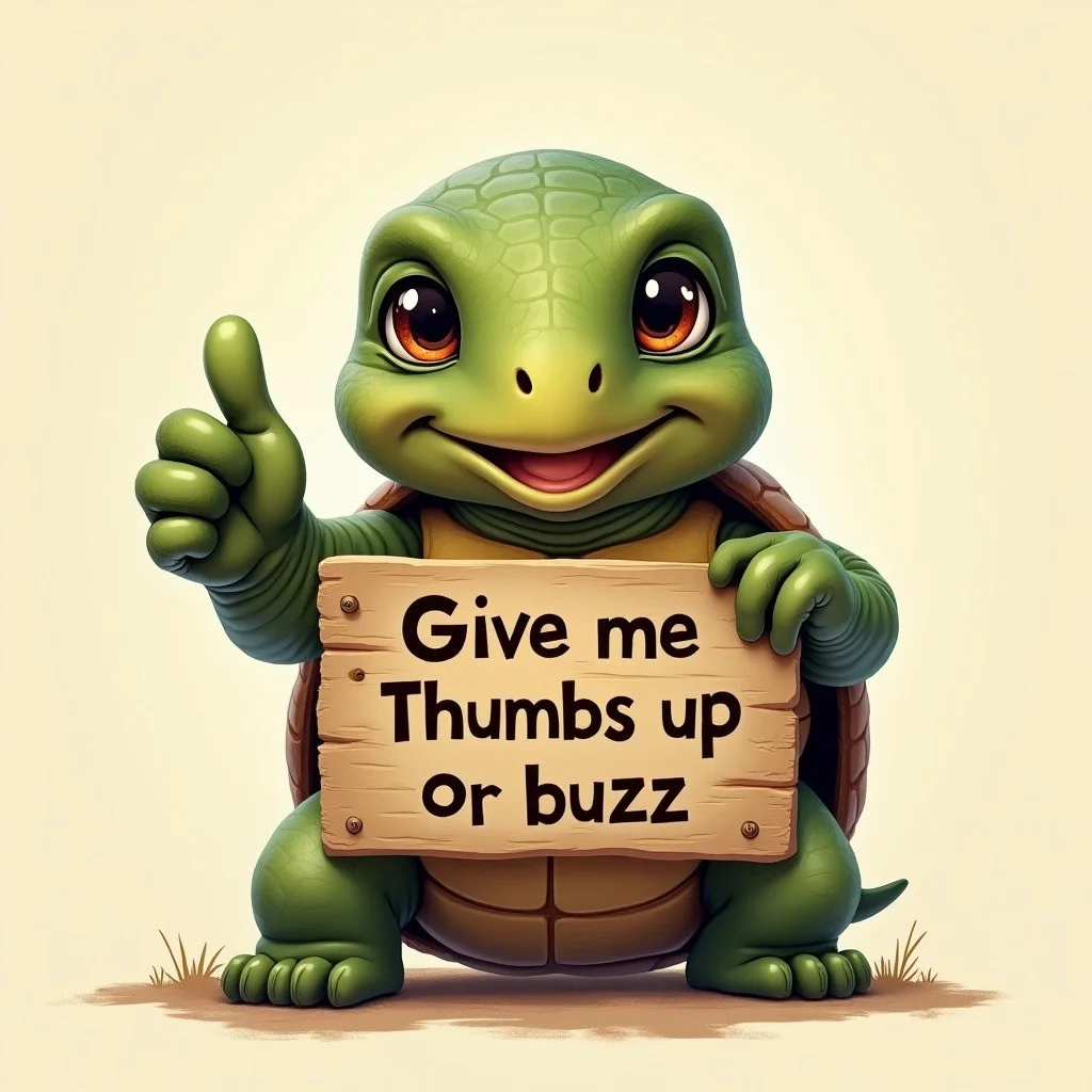 cute tortoise holding a sign it says "give me thumbs up or buzz"