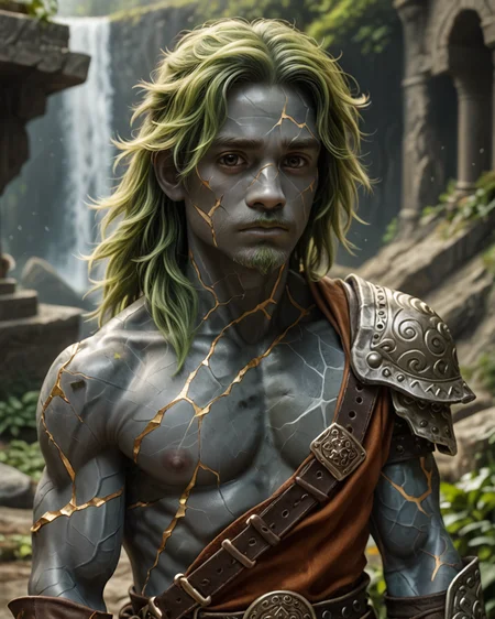 1score_9, score_8_up, score_7_up, intricate details, rating_questionable,
<lora:GenasiEarth:1>, fantasy setting,
<lora:gooeycandy1:1>,
1boy(GenasiEarth, earth genasi, young man, green hair, green goatee, muscular, barbarian, dark grey skin, marble skin:1.5, stone inclusions, gems inclusions, gems hair, glowing cracks, solo, cowboy shot, sad, looking at the viewer, solo, slender), detailed background, depth of field, subsurface scattering,
<lora:ral-chrosc-clr:0.3>, ral-chrosc-clr,
<lora:xl_more_art-full_v1:0.3>,
<lora:add-detail-xl:0.3>