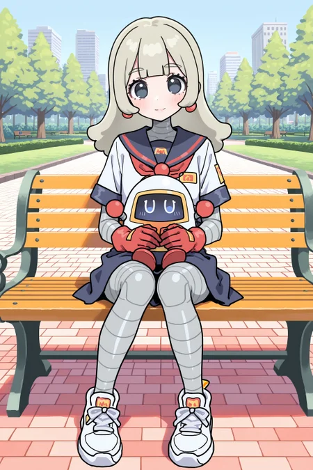 (masterpiece, best quality:1.2), amazing quality, very aesthetic, absurdres, perfect detail,
city, park, forest, brick road, bench, blue sky,
sitting, holding stuffed toy, mcrobot, light smile, looking at viewer,
solo, mcsetsuko, android, serafuku, short sleeves, red neckerchief, red gloves, sneakers,
<lora:XL_Ill_mcdo-set500-t1:0.8>