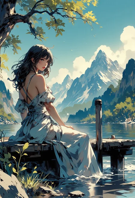 Mh1$AgThS2, intricate linework with expressive contrasts, soft lighting with dynamic highlights, neo-noir portrait, silver halide, young Asian woman in a summer dress, long loose hair, sitting at the end of a jetty on tranquil mountain lake, with mountains in the background, In the style of ff-td