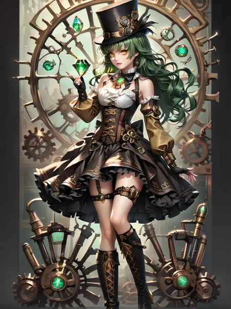 score_9, score_8_up, score_7_up,BREAK overalldetail, <lora:steampunk:0.8>,
steampunk,steampunk anime,, 1girl, gears, hat, steampunk, solo, boots, green hair, long hair, gloves, yellow eyes, fingerless gloves, detached sleeves, knee boots, skirt, corset, high heel boots, top hat, looking at viewer, black gloves, frills, high heels, gem, black headwear, thigh strap,