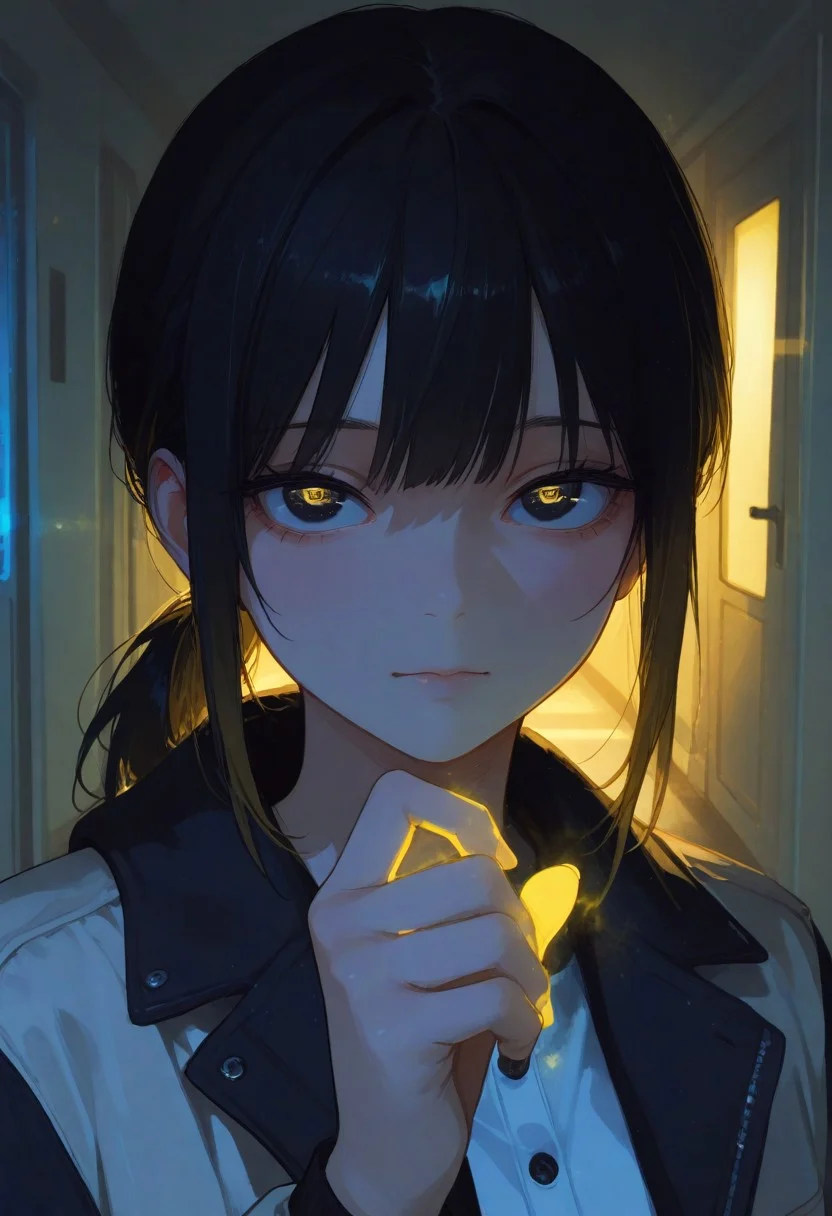 masterpiece, best quality, amazing quality, very aesthetic, absurdres, newest, holographic colors, cute, gradient colors, very aesthetic, volumetric lighting, ambient occlusion, intricate cinematic background, (beautiful detailed face), (mysterious, unexpected, slightly anxious), anime_face, BREAK highly detailed, solo, beautiful eyes, big eyes, (dark eyes), detailed eyes, perfect eyes, detailed pupils, perfect body, closed mouth, (neutral but slightly hesitant expression), 1girl, BREAK black hair, tied hair, ponytail, bangs framing face, casual outfit, jacket over shoulders, slight tension in posture, one hand raised to knock, BREAK portrait, face focus, nighttime, dim apartment hallway, soft yellow lighting, door slightly ajar, cool night air, detailed background, looking_at_viewer, cinematic lighting,