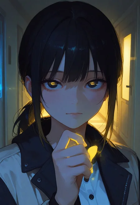 masterpiece, best quality, amazing quality, very aesthetic, absurdres, newest, holographic colors, cute, gradient colors, very aesthetic, volumetric lighting, ambient occlusion, intricate cinematic background, (beautiful detailed face), (mysterious, unexpected, slightly anxious), anime_face, BREAK highly detailed, solo, beautiful eyes, big eyes, (dark eyes), detailed eyes, perfect eyes, detailed pupils, perfect body, closed mouth, (neutral but slightly hesitant expression), 1girl, BREAK black hair, tied hair, ponytail, bangs framing face, casual outfit, jacket over shoulders, slight tension in posture, one hand raised to knock, BREAK portrait, face focus, nighttime, dim apartment hallway, soft yellow lighting, door slightly ajar, cool night air, detailed background, looking_at_viewer, cinematic lighting,