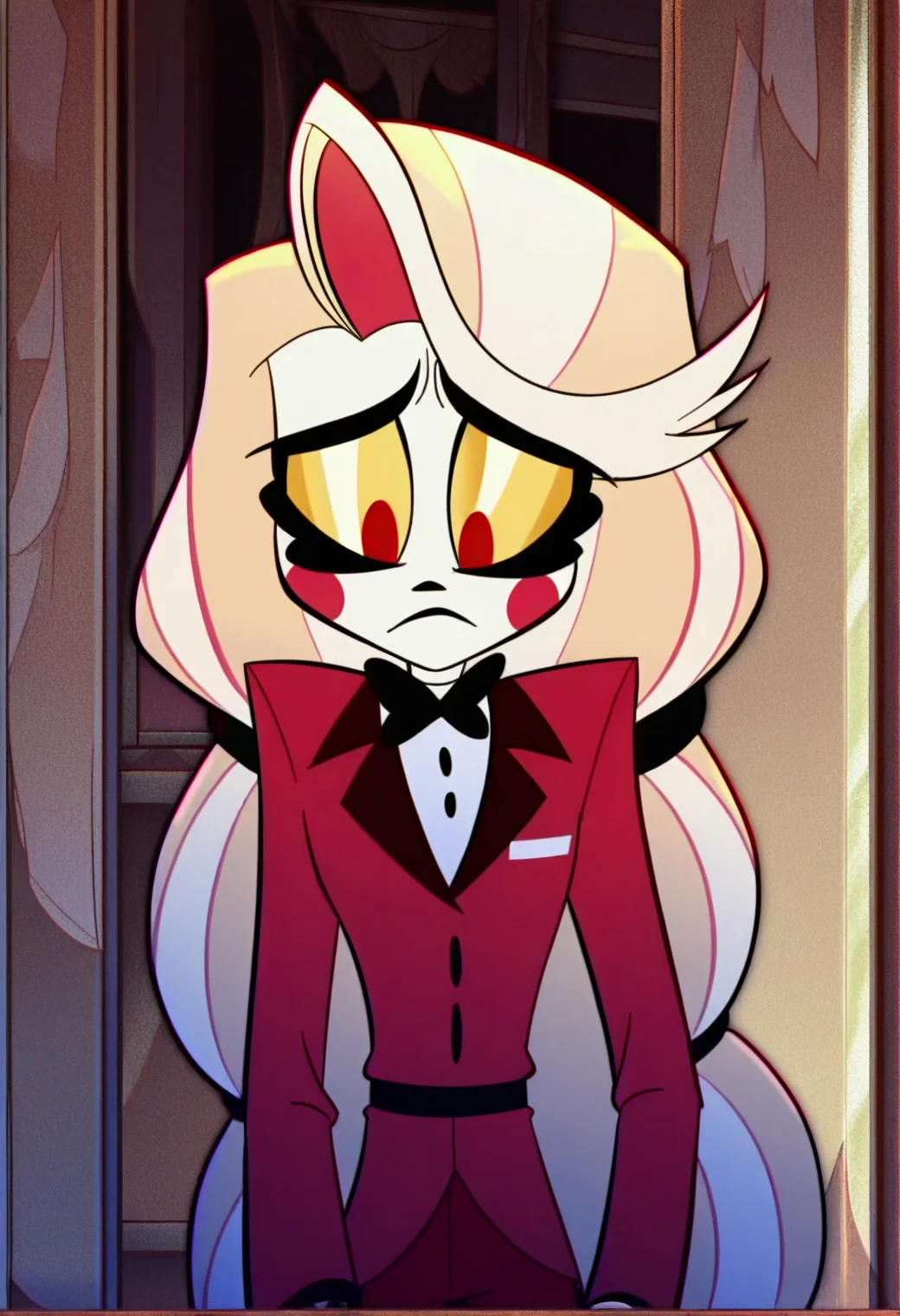 <lora:hazbin_hotel_ponyxl_v1:1>, charlie, solo, black bowtie, red jacket, red pants, white shirt, formal, half-closed eyes, sad,
BREAK
score_9, score_8_up, score_7_up, score_6_up, screencap