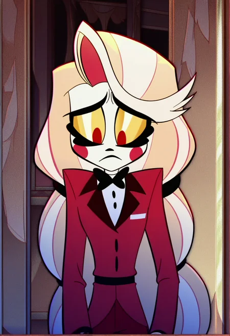 <lora:hazbin_hotel_ponyxl_v1:1>, charlie, solo, black bowtie, red jacket, red pants, white shirt, formal, half-closed eyes, sad,
BREAK
score_9, score_8_up, score_7_up, score_6_up, screencap
