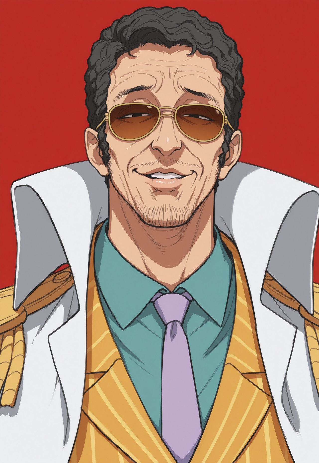 anime, rough sketch, sketchy lineart, black lineart, pencil drawing, sharp edges, masterpiece, best quality, detailed background, 8k, 1boy, man, solo, kizaru, black hair, very short hair, wavy hair, smooth hair, black eyes, slanted eyes, facial hair, stubble, goatee, sunglasses, wrinkles, lips, detailed face, teal shirt, light purple tie, yellow pinstripe suit, white off-shoulder coat, epaulettes, lazy smirk, parted lips, tall, half body, face focus, close up, face focus, turning to viewer, looking at viewer, dynamic pose, red background, white background