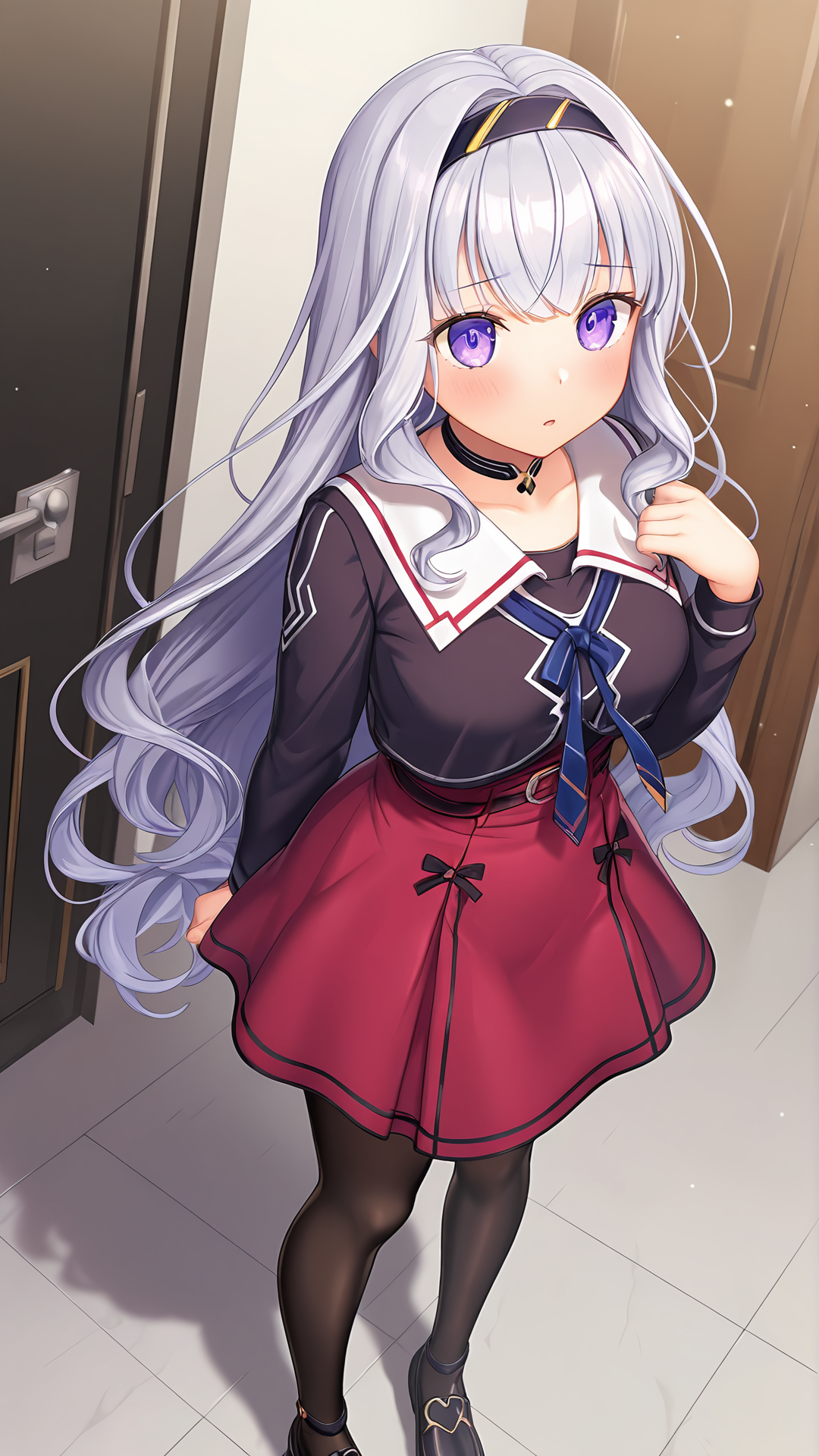 amazing quality,absurdres,best quality,masterpiece,highres,newest,detailed,detailed body,detailed face,masterpiece,best quality,solo,
koruta,1girl,long hair,solo,pantyhose,red skirt,purple eyes,black pantyhose,hairband,black footwear,long sleeves,very long hair,grey hair, choker, high-waist skirt,<lora:å¤¢è¦ãèå§«ã³ã«ã¿:0.8>,