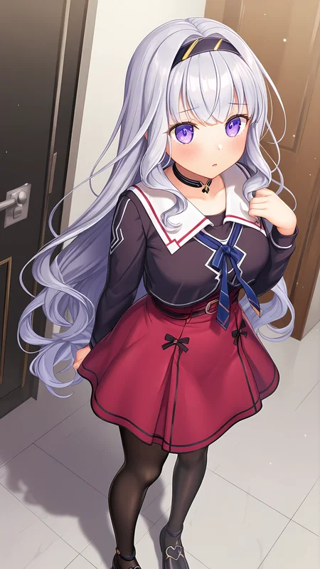 amazing quality,absurdres,best quality,masterpiece,highres,newest,detailed,detailed body,detailed face,masterpiece,best quality,solo,
koruta,1girl,long hair,solo,pantyhose,red skirt,purple eyes,black pantyhose,hairband,black footwear,long sleeves,very long hair,grey hair, choker, high-waist skirt,<lora:夢è¦ãèå§«ã³ã«ã¿:0.8>,