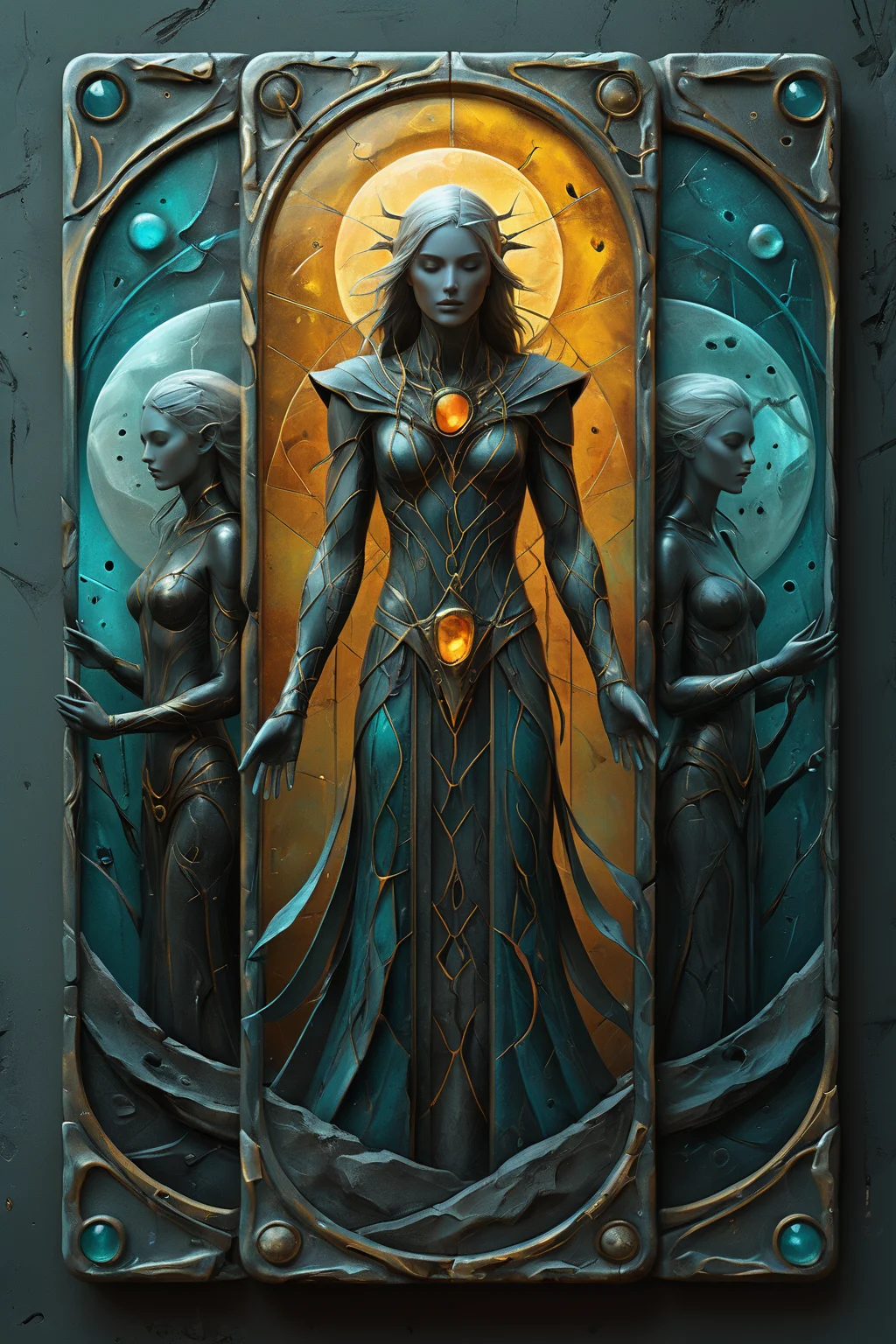 <lora:artfullyENGRAVED_SDXL_V1:0.4>,masterpiece,intricately detailed,high resolution,best quality,absurd resolution,mastercrafted, Mock ui, occult themed, oracle customized deck creator, 3 PERSONAS, colorful storytelling, dark cyan and amber, detailed atmospheric portraits, detailed character design, dreamlike illustration, flowing textures, in the style of realistic and hyper-detailed renderings, mysterious beauty, in the style of realistic fantasy artwork, in the style of dreamlike illustration, in the style of hyper-detailed illustrations, three tarot cards are standing amongst a dark landscape ,granite,ivory,obsidian,stained glass,transluscent,masterpiece,brilliant color story,illusionism,futuristic geometric abstractionism,in the style of hyperrealism,organic,male oracle,<lora:artfullymaleform_sdxl_v1:0.35>,<lora:ARTFULLYORACLESDXL-V1:0.4>,<lora:artfullydrow__sdxl_v1:0.26>,<lora:artfullyDRUID_sdxl_v1:0.45>,