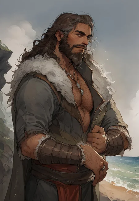 safe_pos, safe_pos, safe_pos, score_9, score_8_up, 1boy, solo, IfanBM, mature male, tan skin, facial hair, grey beard streaks, muscular, broad-shouldered, aging, DILF, ((beard)), facial hair, moustache:.5, ((brown hair, grey streaks)), ((grey streaks)), (long hair, wavy hair), ((fantasy style clothing, fur-trim)), druid, magic, (beach paradise), watercolor \(medium\), traditional media, hairy chest, very hairy, dutch angle, Expressiveh, smirk, sexy posing, ((fantasy clothing)), jewelry, rings, manly, necklace, bracelet, dynamic pose,