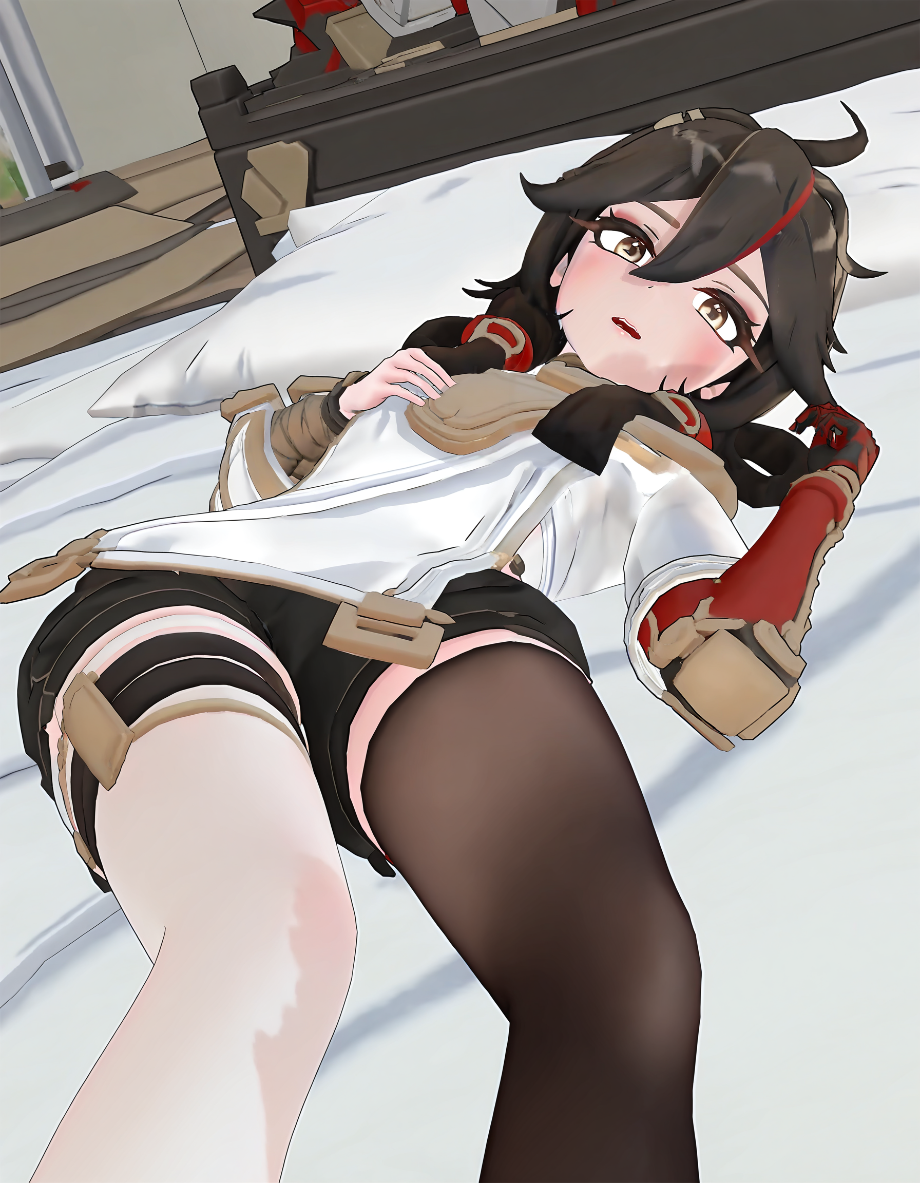 lying,on back,bedroom,bed,
<lora:changan_noob>,huanxing-changan,3dchangan,1girl,solo,thighhighs,looking at viewer,black hair,long hair,bandages,brown eyes,hair between eyes,bangs,ahoge,single thighhigh,bandaged arm,brown hair,shy,nsfw:1.2,mechanical arms,after sex,
masterpiece,best quality,very aesthetic,absurdres,