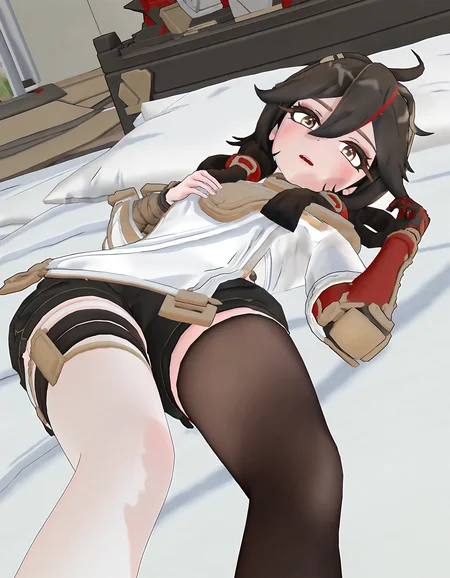 lying,on back,bedroom,bed,
<lora:changan_noob>,huanxing-changan,3dchangan,1girl,solo,thighhighs,looking at viewer,black hair,long hair,bandages,brown eyes,hair between eyes,bangs,ahoge,single thighhigh,bandaged arm,brown hair,shy,nsfw:1.2,mechanical arms,after sex,
masterpiece,best quality,very aesthetic,absurdres,