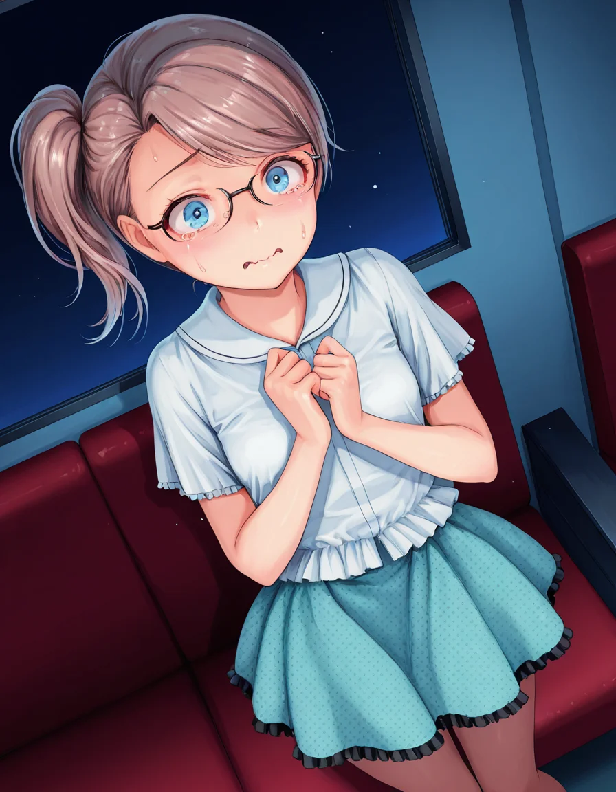 masterpiece, amazing quality, high resolution, Soyoka, petite, flat chest, glasses, blue eyes, brown hair, side ponytail, sideswept bangs, frill shirt, polka dot skirt, dark, movie cinema, dynamic angle, scared, dynamic lighting, wavy mouth
