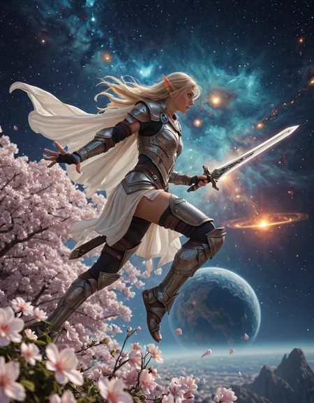 <lora:Space_Worlds_Minis_2poetic:1> swminis2, cherry blossoms, depth of field, nebula, elf paladin, detailed armor and sword, dynamic action scene, heroic fantasy , dissolve, from side