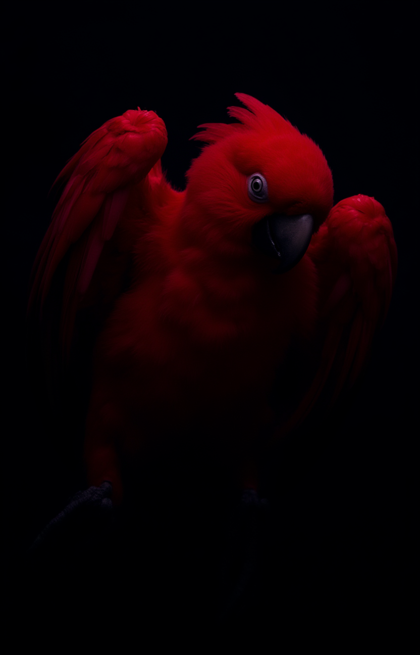 vantablack, colorful glowing neon parrot, playful, naughty, spread wing, backlight, ruffled feathers, dawn  jungle rave  <lora:- Flux1 - vanta_black_V2.0:1>