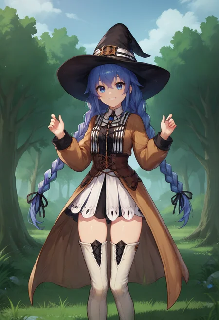 score_9, score_8_up, score_7_up, 1girl, solo, looking at viewer, <lora:add-detail-xl:3>,
BREAK , <lora:BD2:0.7>, bd2, roxy, blue hair, long hair, braid, twin braids, blue eyes,
witch hat, brown coat, white skirt, smile, outdoors, thigh boots, waist and up,