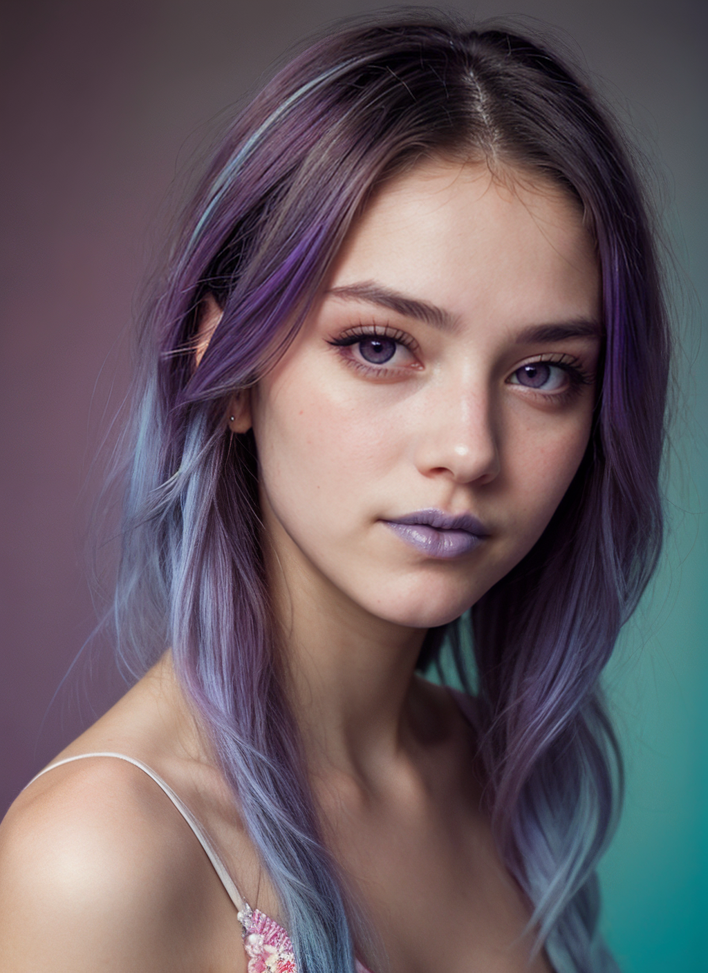portrait girl with colorful hair, violet and cyan, soft-focused, realism, shiny eyes, neo-victorian, purple eyes, blue lips, glossy lips, smile
