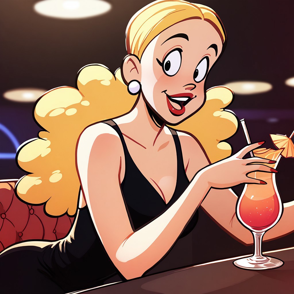 score_9, score_8_up, score_7_up BREAK solo, Palomita, 1girl, blonde hair, black eyes, lipstick, little black dress, nightclub indoors, drinking cocktail, happy,