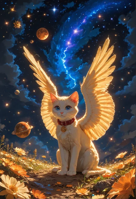 detailed background,Cinematic Lighting,film grain,score_9,score_8_up,score_7_up,zPDXL2,masterpiece,best quality,highly detailed,glowing,hand person,Expressiveh, <lora:(增强)sdxl_lightning_8step_lora:1>,<lora:glowneon_xl_v1:1>, <lora:(增强)Hands XL 4:1>,<lora:(增强)Expressive_H-000001:0.8>, <lora:Vixon\Vixon's Pony Styles Astro:0.8> , looking at viewer, blue eyes, jewelry, wings, sky, collar, no humans, animal, cat, star \(sky\), feathered wings, starry sky, angel wings, white wings, space, animal focus, planet, earth \(planet\), 4str0,