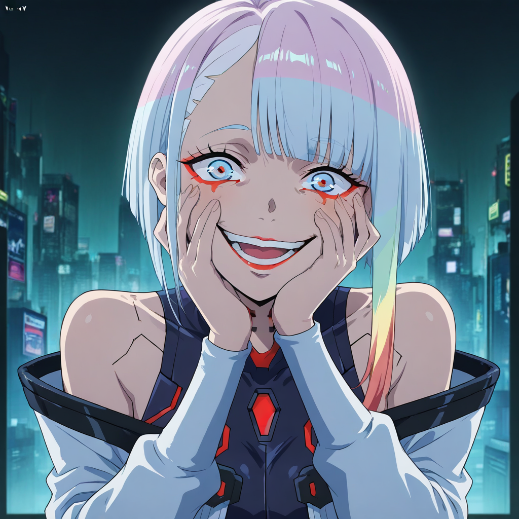 masterpiece, best quality, newest, absurdres, highres, vintage anime, 90s anime, YE/T-V1.0, YE-V1.0, yandere expression, crazy, crazy eyes, crazy smile, yandere, 1girl, lucy /(cyberpunk/), white hair, bob cut, asian, asian female, bangs, red eyeliner, off-shoulder jacket, short hair,