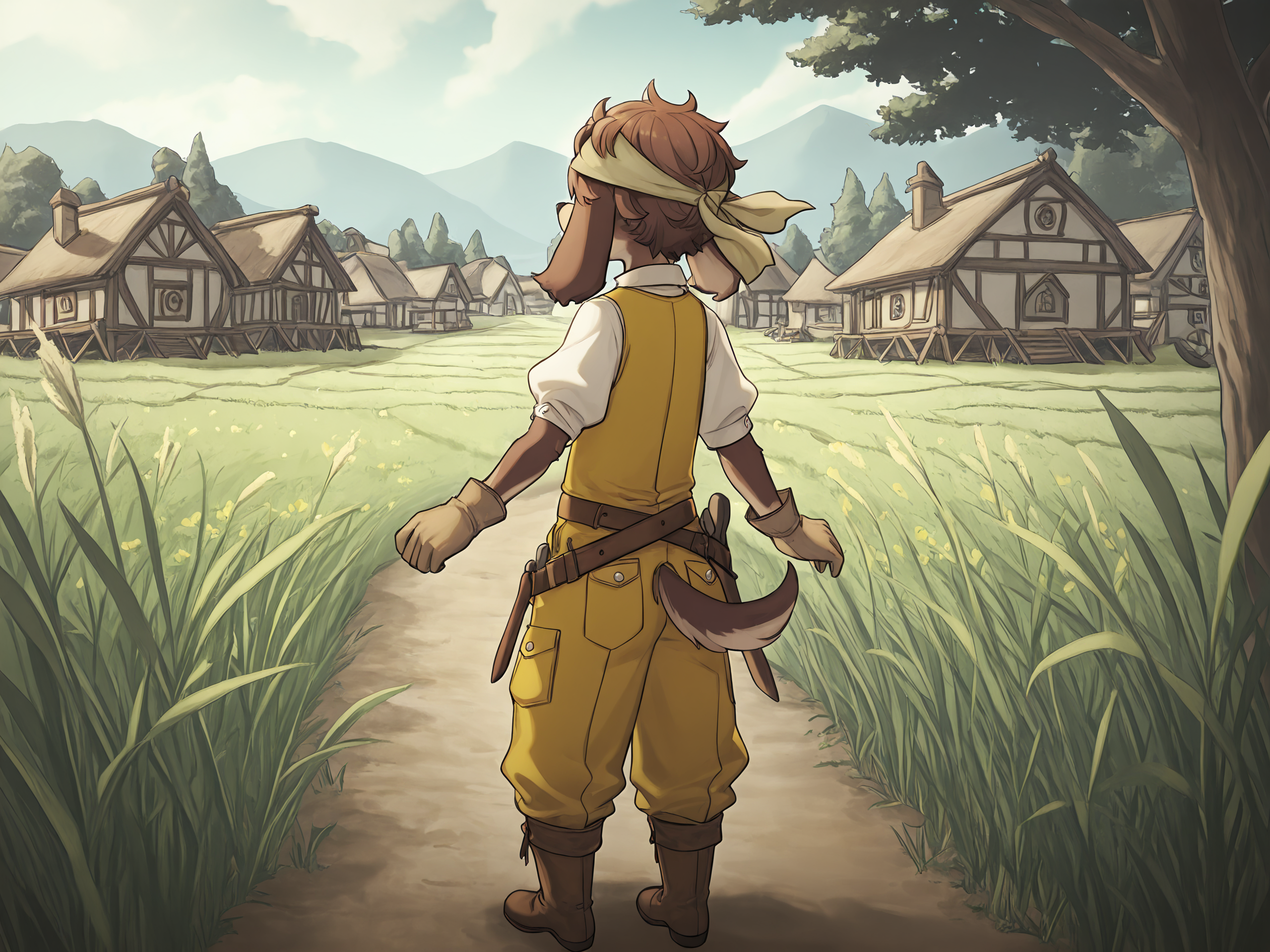 BREAK, <lora:Jin_Macchiato:1>, jin macchiato, fuga: melodies of steel, kemono, furry male, young male, 1boy, dog boy, scar, scar on cheek, scar on right cheek, dark brown fur, light brown fur, multicolored fur, brown eyes, brown hair, hair between eyes, sidelocks, dog ears, long ears, floppy ears, snout,
BREAK, Fuga 2 Outfit, brown boots, yellow overalls, wide leather belt, toolbelt, tools, white button-up shirt, short sleeves, puffy sleeves, gloves, bandana,
BREAK, solo, full body, outside, rear view, meadow, grass, trees, village, standing