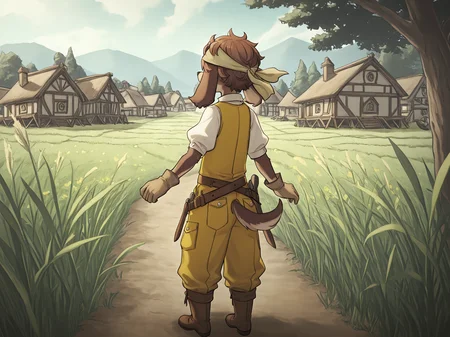 BREAK, <lora:Jin_Macchiato:1>, jin macchiato, fuga: melodies of steel, kemono, furry male, young male, 1boy, dog boy, scar, scar on cheek, scar on right cheek, dark brown fur, light brown fur, multicolored fur, brown eyes, brown hair, hair between eyes, sidelocks, dog ears, long ears, floppy ears, snout,
BREAK, Fuga 2 Outfit, brown boots, yellow overalls, wide leather belt, toolbelt, tools, white button-up shirt, short sleeves, puffy sleeves, gloves, bandana,
BREAK, solo, full body, outside, rear view, meadow, grass, trees, village, standing