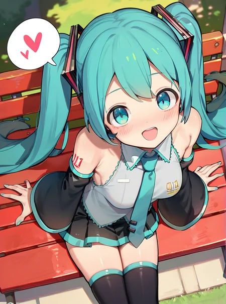 score_9, score_8_up, score_7_up, score_6_up,a girl is sitting on a park bench, hatsune miku, looking at viewer, smile, spoken heart, blush, detached sleeves, thighhighs, blush, from above, open mouth, black skirt, 
<lora:borscht_style_xl_v1-000020:.8>