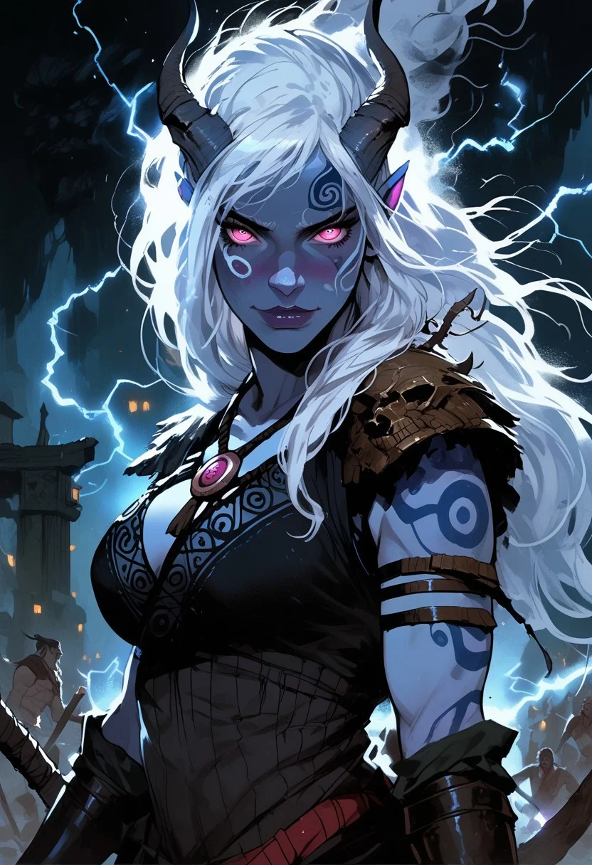 score_9, score_8_up, score_7_up, BREAK,
1girl, portrait, beautiful, tiefling shaman, white hair, (long hair:1.3), side bangs, horns, barbarian, gladiator, war paint, tribal markings, long tail, blue skin, pink eyes, glowing eyes, (smug:0.85), (big breast:1.25), dramatic lights
<lora:Fant5yP0ny:0.6> <lora:fantasy_world_pony:0.9> <lora:Cherry-Gig:0.55>