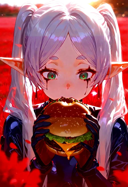 [[[dishwasher1910, artist:onineko]]],[[artist:aki99],[[artist:ke-ta]]],[artist:tokkyu],(backlighting:1.4),
<lora:EtherPDXLStyleXL:0.5>,  frieren, holding food, red theme, black plugsuit, plugsuit, red dangle earrings, holding burger,looking down,  twintails,  drop earrings, straight-on, red hair, short sleeves, closed mouth, falling petals, portrait, glint, red background, diffraction spikes, blurry, green eyes, scabbard, lens flare,  runny makeup,red grass field background, biting, 
masterpiece,, best quality, amazing quality, very aesthetic, absurdres,newest
<lora:nai_ILL:1> <lora:FrierenIllustriousXL_byKonan:0.6>