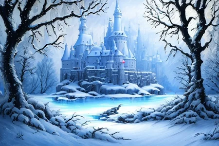 (masterpiece:1.2), (best quality,:1.2), 8k, HDR, ultra detailed, ((photorealistic)), professional light, cinematic lighting, fashion photography, ambient lighting, <lora:detail_slider_v4:2>, Ice, <lora:RealmsOfIce:1>, a sinister castle in a magical lake, snowy landscape, dark forest in the background, epiCPhoto
