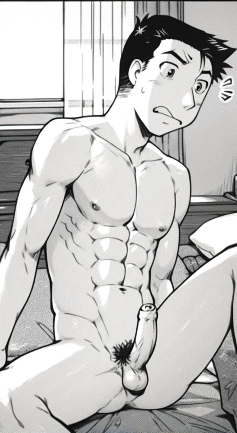 score_9, score_8_up, score_7_up, anime_source, official artstyle, anime screencap, highly detailed, 1boy, perfect composition, good shading, male focus, 1boy, solo, indoors, bedroom, bed,((completely naked)), ((completely nude)), akishima boy, black hair, short hair, sitting on bed, abs, pectorals, bare chest, bare upper body, shirtless, legs apart, frontal view, monochrome, bare lower body, testicles, pubes, foreskin, erect penis, erection, embarassed