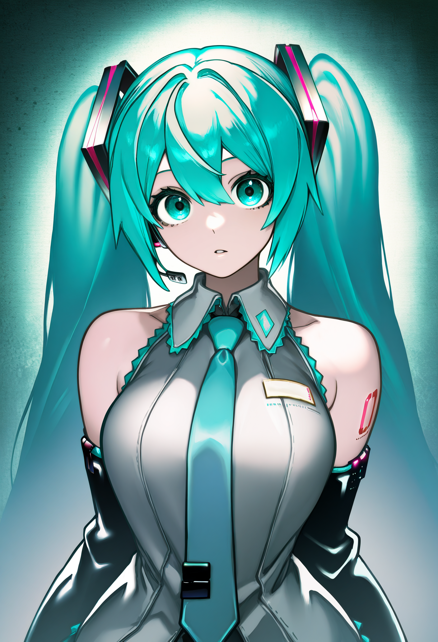 1girl, solo, abstract background, large breasts, looking at viewer, parted lips, vignetting, 
hatsune miku, 
masterpiece, best quality, <lora:thegoldensmurf-guy90-IllustriousV1:1>, frulog