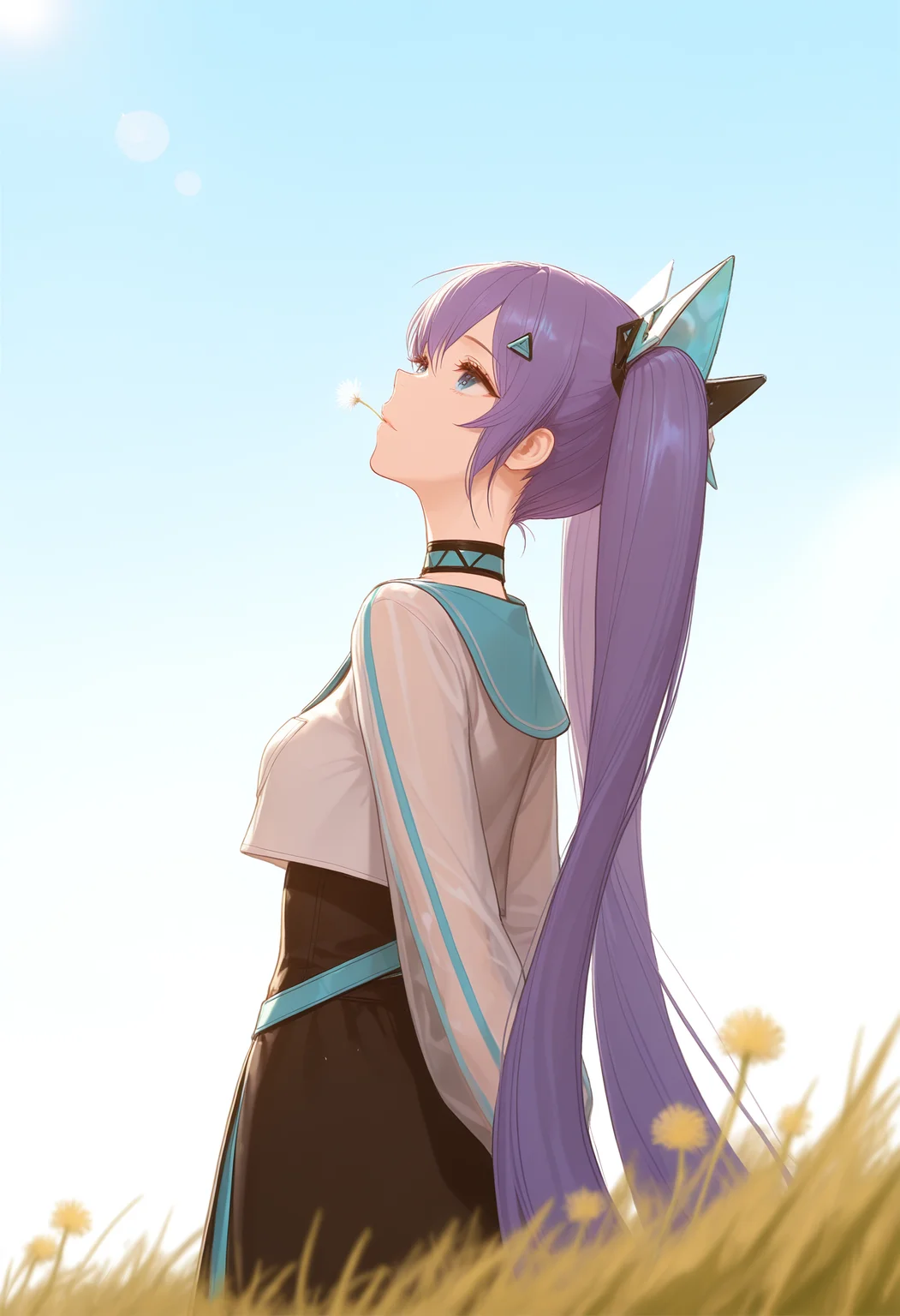 (1girl),(solo),xiangwan\(asoul\),blue eyes,twintails,purple hair, very long hair,hair ornament,xiangwanezn,see-through,triangle hair ornament, white cropped jacket,choker,long sleeves,black skirt,triangle hair ornament,
Atmospheric Perspective, A melancholic young girl,by rella, very sad, she has long and smooth eyelashes,The droplets of water glisten like tiny diamonds on her hair and clothes, lost in thought. Biting a dandelion seed,
Dandelion seeds blowing in the wind,
dandelion seed, day, plant, seed, sunlight, Lens Flare,Depth Of Field,
masterpiece,best quality,very aesthetic,absurdres,newest,masterpiece,best quality,year 2024,newest,highres,absurdres,