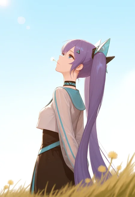 (1girl),(solo),xiangwan\(asoul\),blue eyes,twintails,purple hair, very long hair,hair ornament,xiangwanezn,see-through,triangle hair ornament, white cropped jacket,choker,long sleeves,black skirt,triangle hair ornament,
Atmospheric Perspective, A melancholic young girl,by rella, very sad, she has long and smooth eyelashes,The droplets of water glisten like tiny diamonds on her hair and clothes, lost in thought. Biting a dandelion seed,
Dandelion seeds blowing in the wind,
dandelion seed, day, plant, seed, sunlight, Lens Flare,Depth Of Field,
masterpiece,best quality,very aesthetic,absurdres,newest,masterpiece,best quality,year 2024,newest,highres,absurdres,