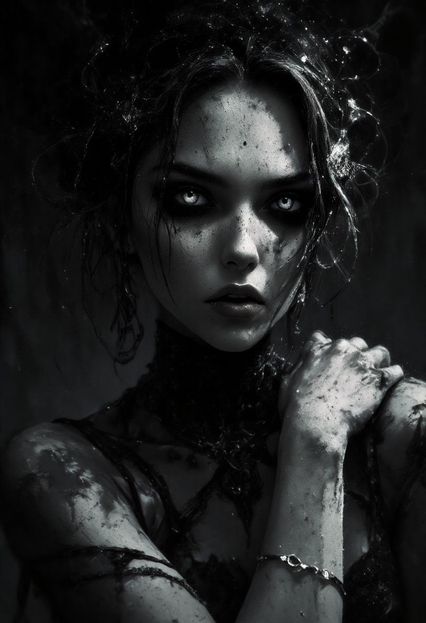 An elegant sorceress in a dramatic, chiaroscuro-style. Her expression is evil and mysterious yet fragile while her eyes seeming to hold untold secrets. Deep shadows obscure her face.