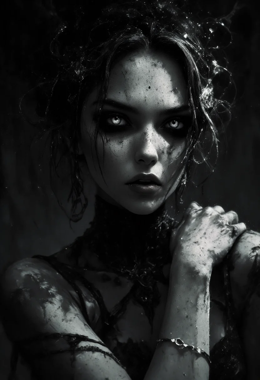 An elegant sorceress in a dramatic, chiaroscuro-style. Her expression is evil and mysterious yet fragile while her eyes seeming to hold untold secrets. Deep shadows obscure her face.