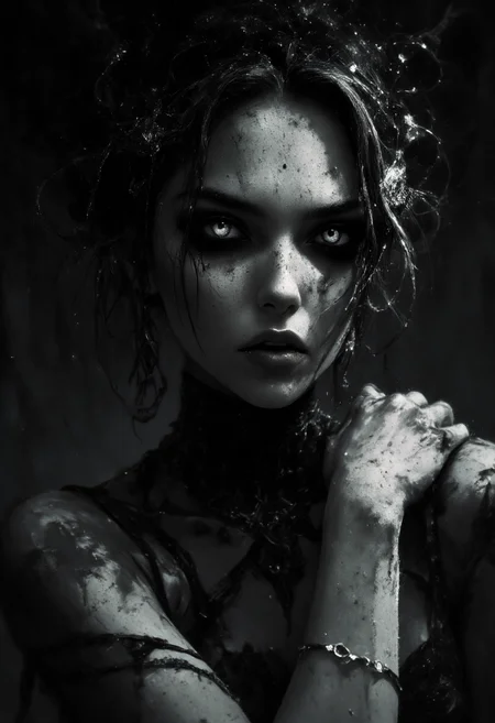 An elegant sorceress in a dramatic, chiaroscuro-style. Her expression is evil and mysterious yet fragile while her eyes seeming to hold untold secrets. Deep shadows obscure her face.