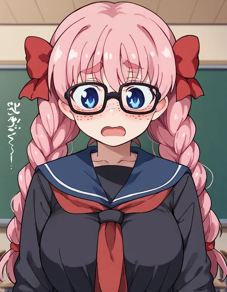 score_9, score_8_up, score_7_up, source_anime, nodokaharamura, <lora:nodoka-haramura-s1-ponyxl-lora-nochekaiser:1>, nodoka haramura, blue eyes, hair bow, long hair, pink hair, bow, large breasts,, <lora:jimiko-ponyxl-lora-nochekaiser:1>, jimiko, glasses, black-framed eyewear, messy, unkempt, thick eyebrows, twintails, braids, freckles, baggy eyes,, blush, open mouth, embarrassed, classroom, adjusting eyewear, serafuku, black serafuku, red neckerchief, skirt, black skirt, pleated skirt, cowboy shot, <lora:averting-eyes-ponyxl-lora-nochekaiser:1>, averting eyes,