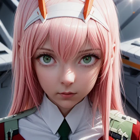 1girl, solo, zero_two_\(darling_in_the_franxx\), pink_hair, horns, hairband, white_hairband, green_eyes,bangs, uniform, shiny_hair, orange_necktie, hyper realistic, portrait, 4k, high detail, gorgeous, natural lighting, cinematic, vivid colors