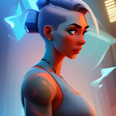 Lovecraftian of a limber, trim, Cold Republican woman, Far-reaching, :q, with gray undercut wearing leaf bikini , digital art, highly detailed, fine detail, intricate, outrun, vaporware
