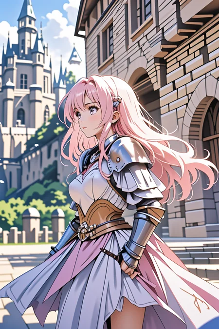 (Medieval European Fantasy:1.2), best quality, ultra detailed, (minor:1.3), (looking away:1.2), (Various hairstyles:1.3), (depth of field:1.2), (Warrior:1.4), equipments, , medium breasts, medium hair, pink hair, (Inside the castle:1.4), running, from front, , daytime <lora:LCM_LoRA_Weights_SD15:1>