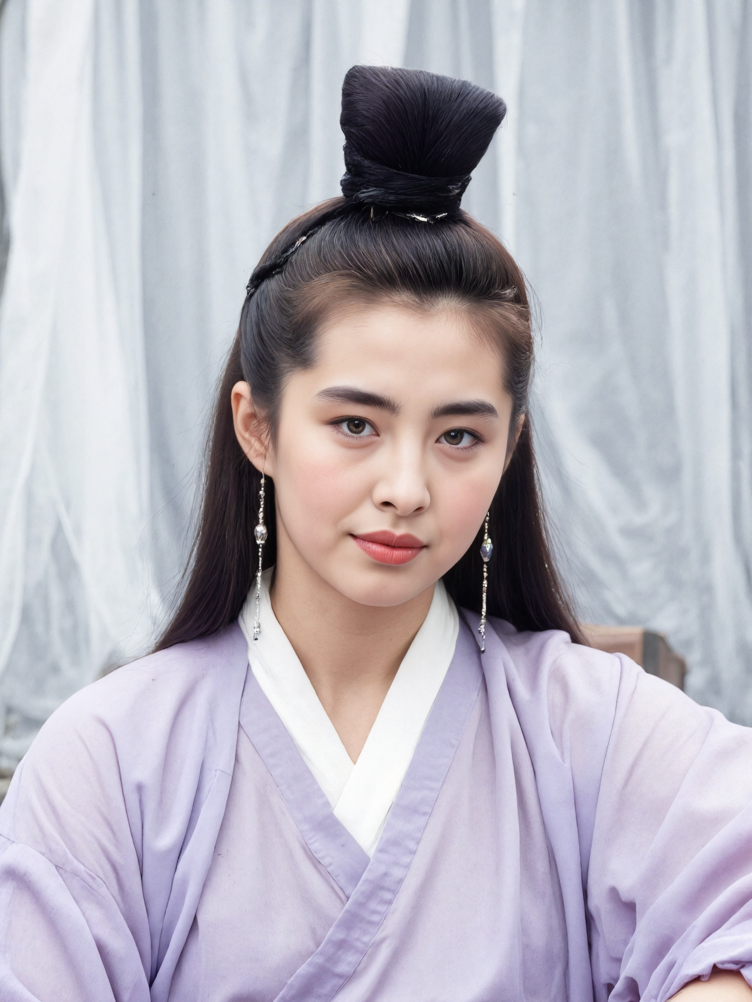 This is a high-resolution photograph of a young Asian woman with a fair complexion, styled in traditional Korean attire. She has long, straight black hair, adorned with a small, intricately braided bun at the top, and wears a pale lavender hanbok with a white inner robe. Her makeup is minimal, highlighting her natural beauty. She gazes directly into the camera with a calm expression, framed by delicate, dangling earrings. The background features soft, flowing white drapes, creating a serene, ethereal atmosphere. The lighting is soft and diffused, enhancing her features and the fabric's texture. The image follows the rule of thirds, with the woman's face and upper body positioned in the upper third, drawing attention to her serene expression and traditional attire. The overall composition exudes elegance and tranquility.
