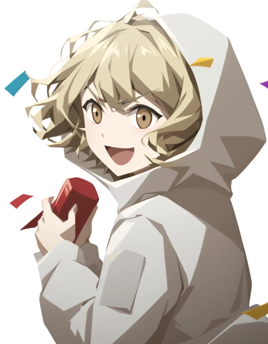 score_9,score_8_up,score_7_up,source_anime,lamiya, anotherstyle, 1girl, solo, blonde hair, open mouth, hood, smile, white background, party popper, confetti, holding, short hair, hood up, brown eyes, long sleeves, simple background, v-shaped eyebrows,<lora:lamiya_pony:0.75>,<lora:Anime_Screencap:1>,anime screencap,