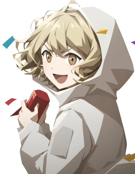score_9,score_8_up,score_7_up,source_anime,lamiya, anotherstyle, 1girl, solo, blonde hair, open mouth, hood, smile, white background, party popper, confetti, holding, short hair, hood up, brown eyes, long sleeves, simple background, v-shaped eyebrows,<lora:lamiya_pony:0.75>,<lora:Anime_Screencap:1>,anime screencap,