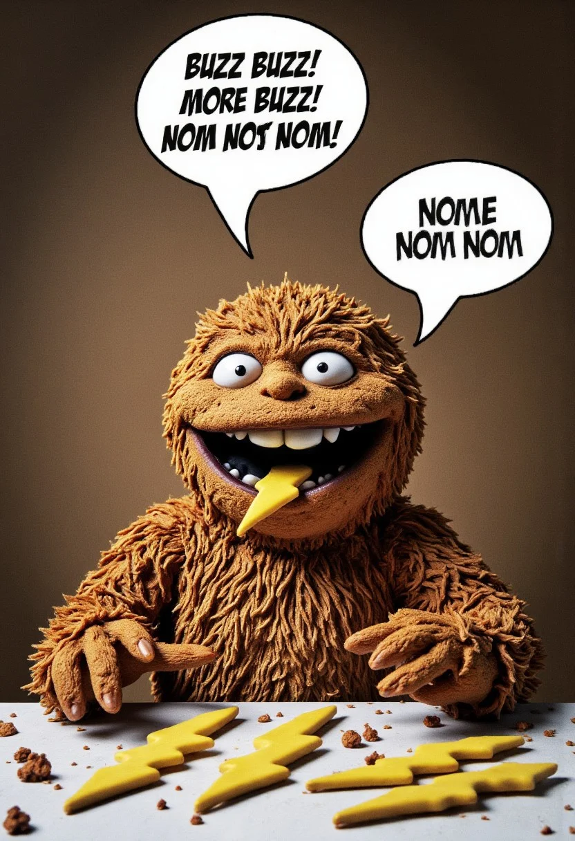 [UHD 8K Photograph ] ((Cookie-Monster) is behind a table ravenously eating (foam lightning bolt shapes), crumbs are flying every where)),
<<BREAK>>,
((A speechbubble is seen above (Cookie-Monster) and the words "BUZZ BUZZ! MORE BUZZ! NOM NOM NOM" are seen printed legibly inside the speech bubble, the full text "BUZZ BUZZ! MORE BUZZ! NOM NOM NOM" is seen in the speechbubble and only the legible script "BUZZ BUZZ! MORE BUZZ! NOM NOM NOM" is seen in the speechbubble, above (Cookie-Monster) (while he eats (foam lightning bolts))
 ( , [ultrarealistic, highest quality, ultrarealistic,  perfect composition, dramatic action, sharp focus, intricate details, highly detailed, rule of thirds , highly detailed ,  motion blur, highly detailed ( aidmaimageupgrader )]